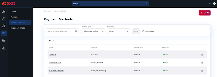 The payment methods screen The payment methods screen