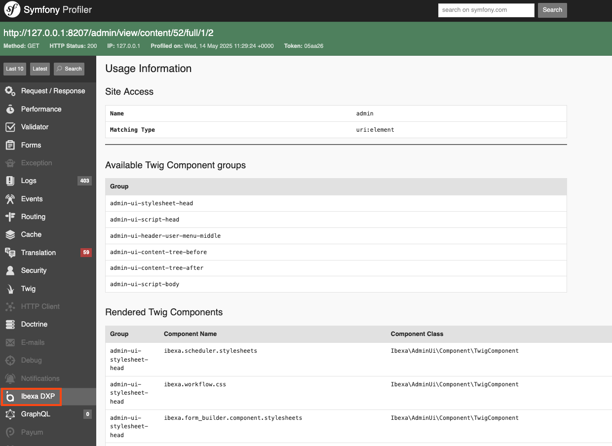 Symfony Profiler showing the list of rendered Twig Components in a back office view Symfony Profiler showing the list of rendered Twig Components in a back office view